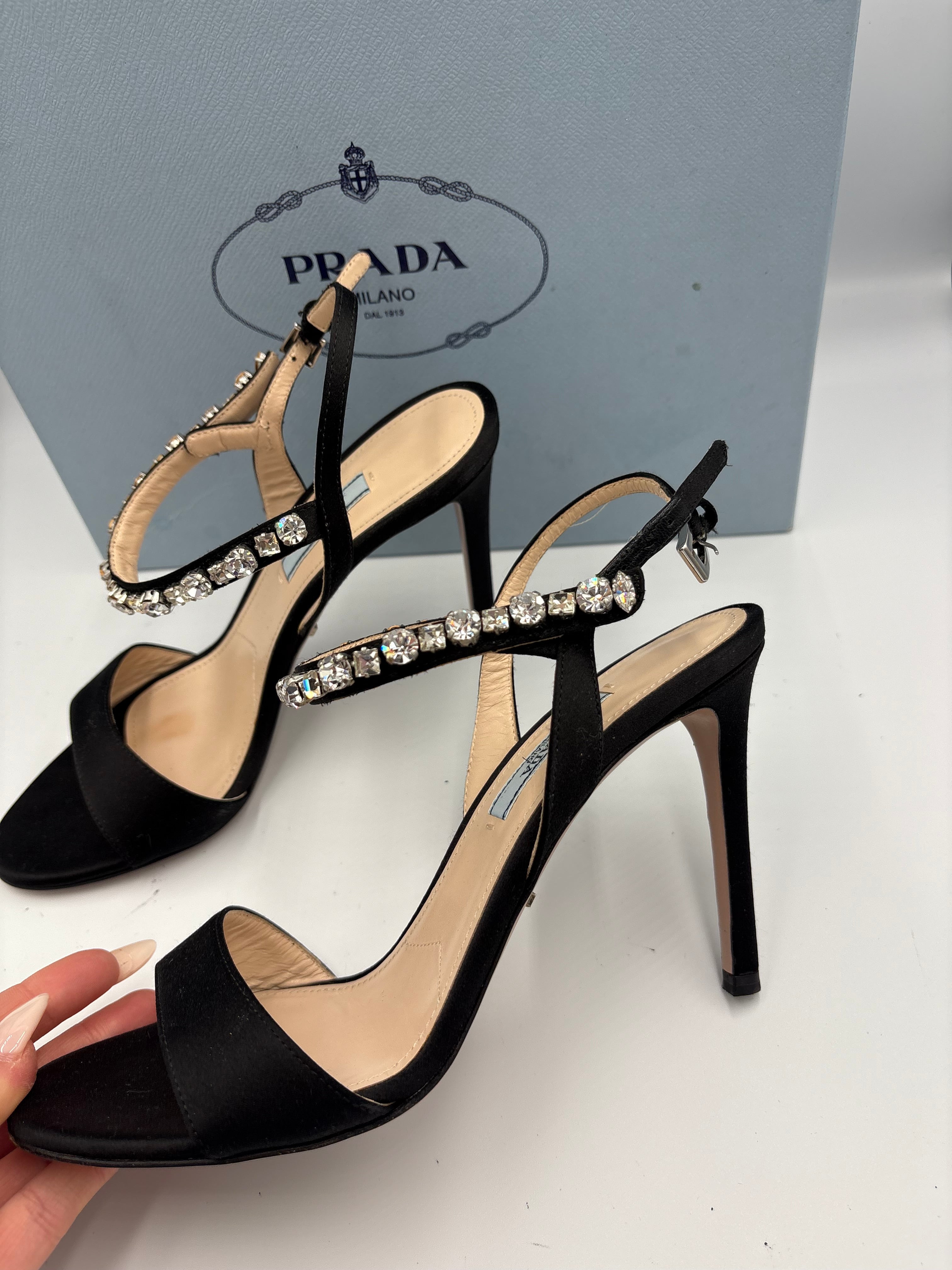 Prada black satin crystal embellished strappy high heel sandals UK 4.5