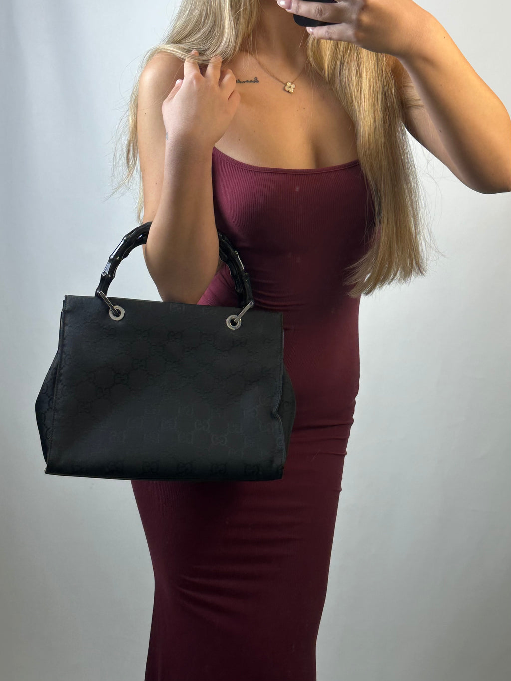 Gucci Tom Ford black monogram GG bamboo handbag