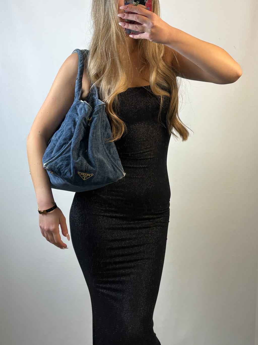 Prada Kanapa Denim tote bag with black Prada writing