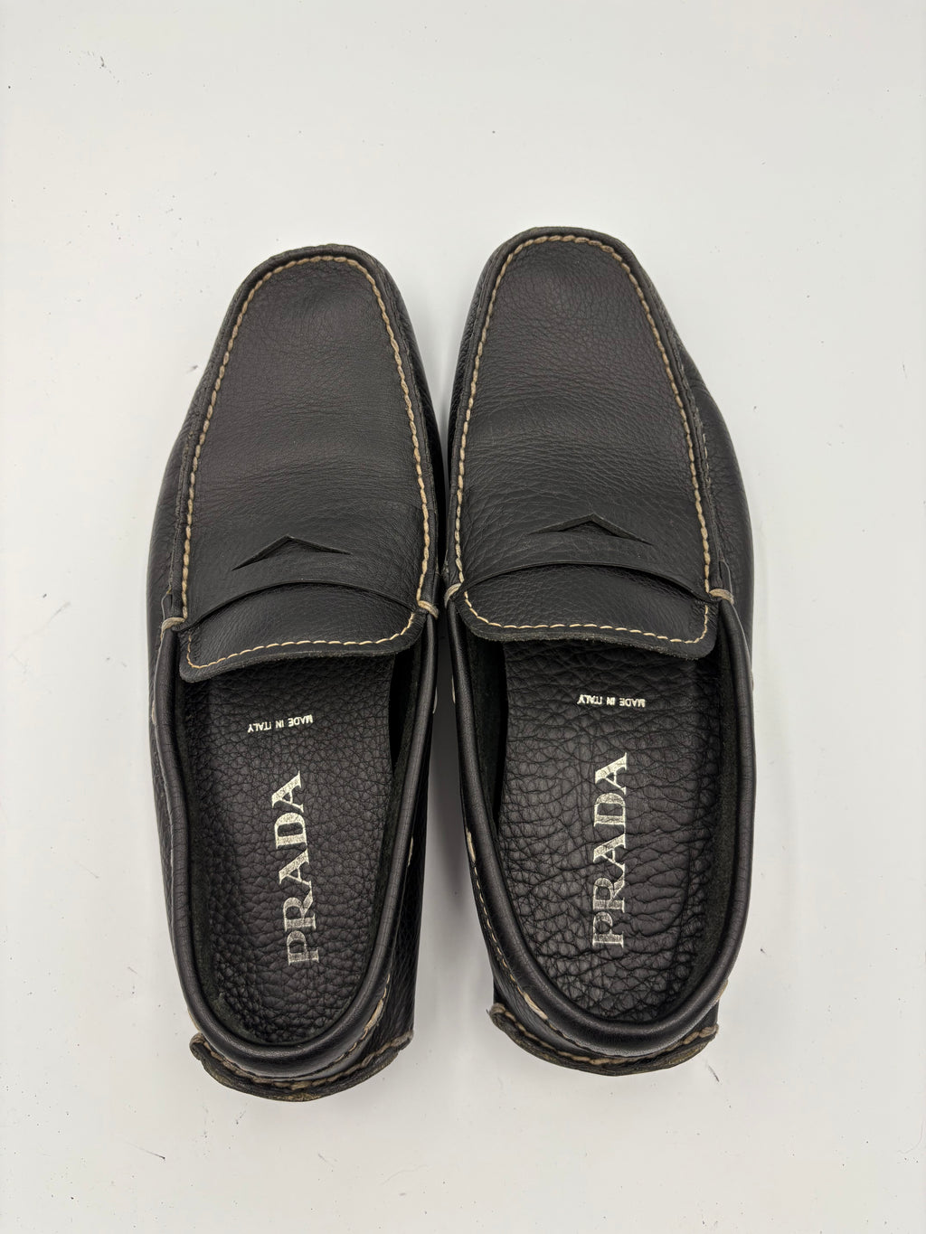 Prada leather contrast stitch loafers