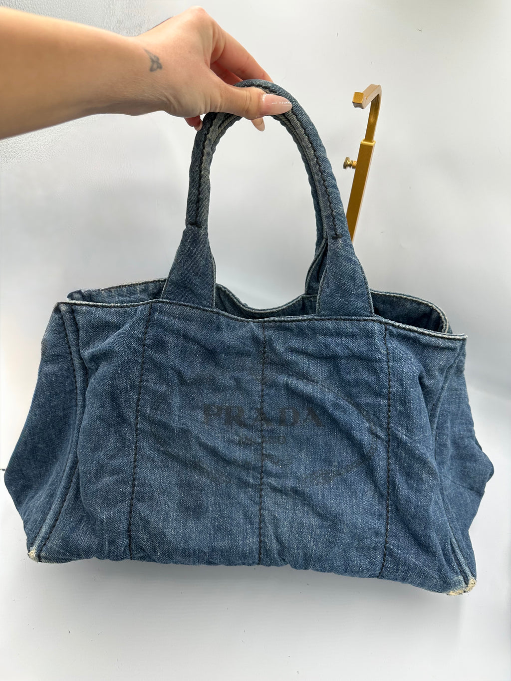 Prada Kanapa Denim tote bag with black Prada writing