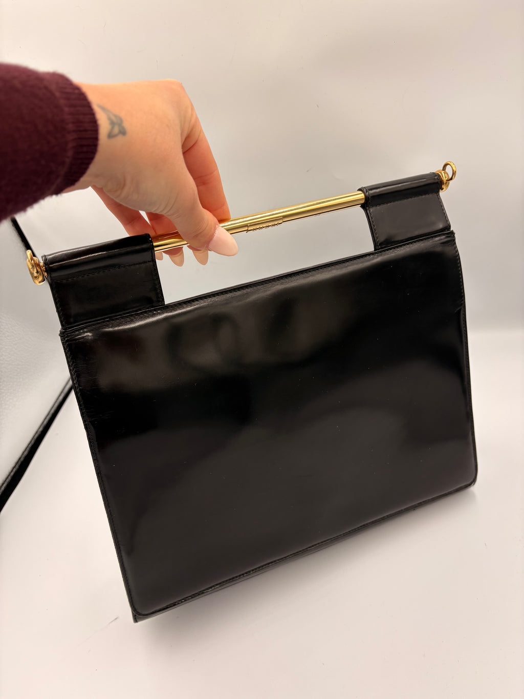 rare 90s Gucci by Tom Ford black patent leather gold handle Clutch