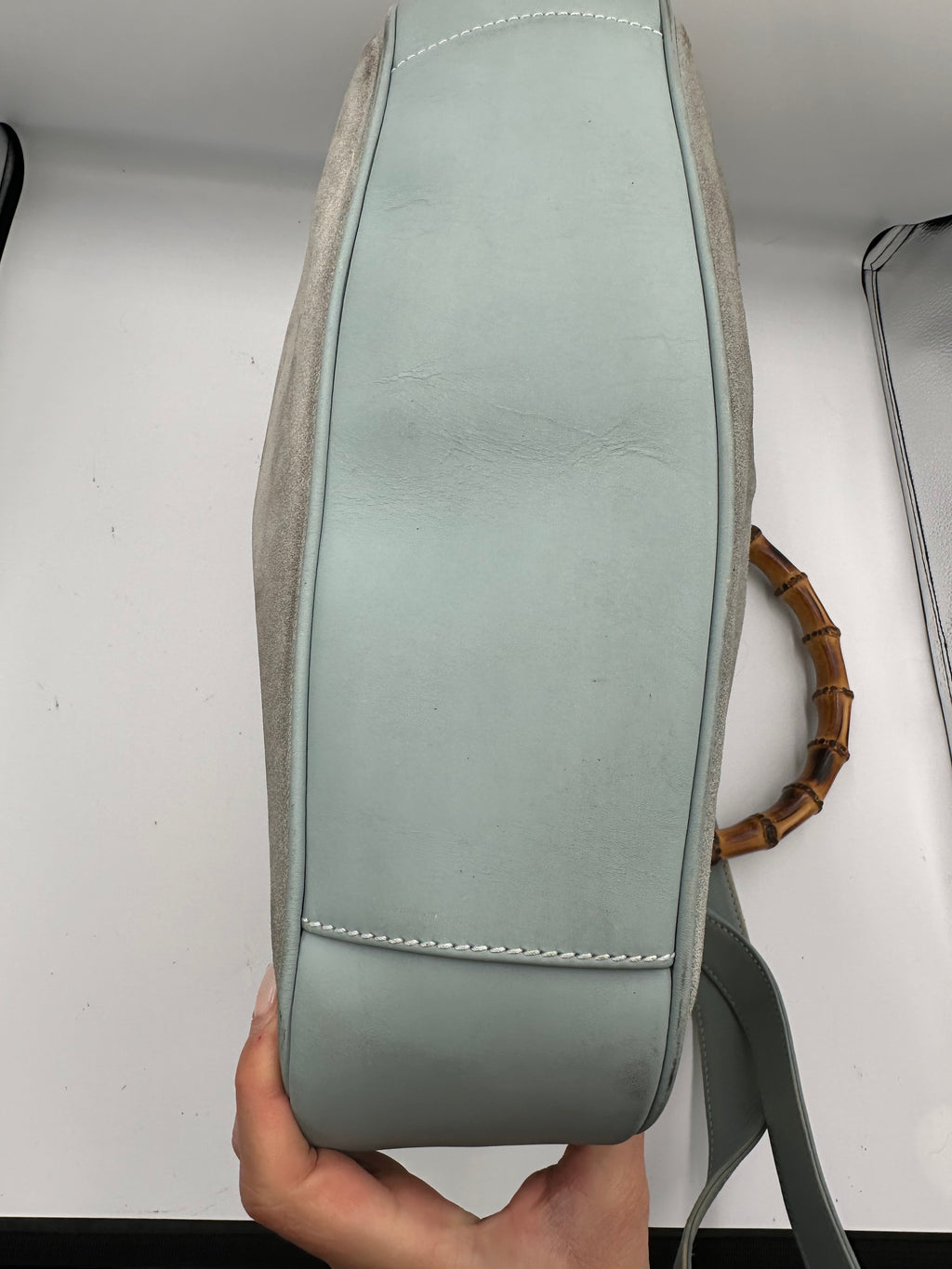 Rare Gucci Bamboo baby blue suede top handle shoulder bag