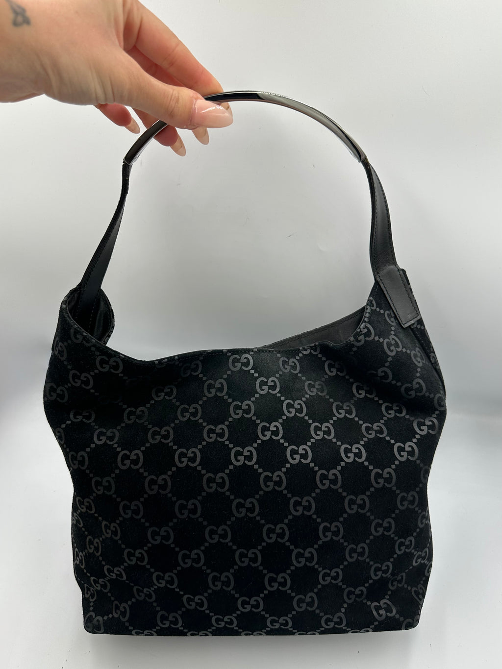 Tom Ford Gucci black suede silver top handle hobo shoulder bag