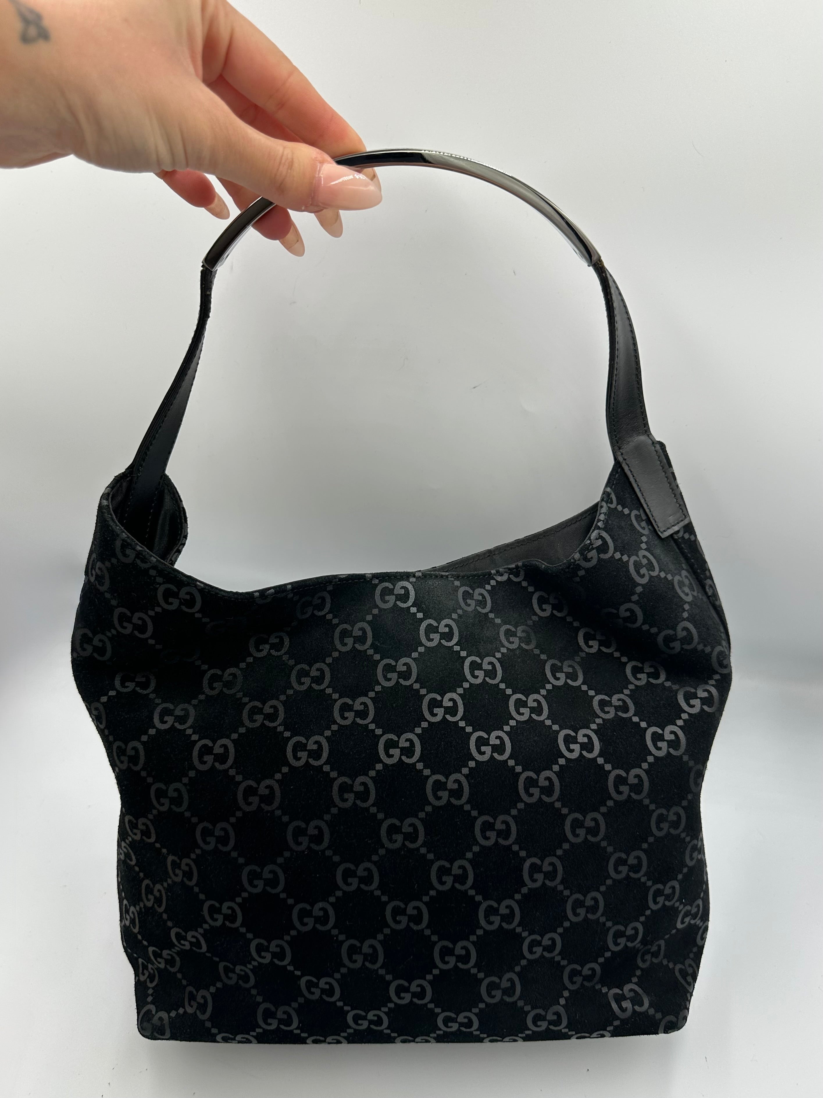 Tom Ford Gucci black suede silver top handle hobo shoulder bag